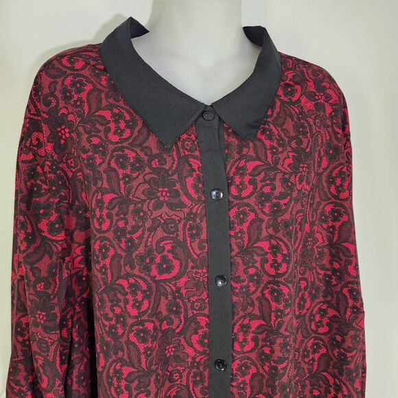 Catherines Womens Floral Button Up Shirt 3X Black Red Roll Tab Sleeves Office - Picture 5 of 9